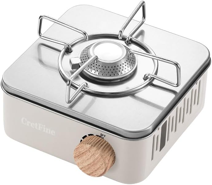 CretFine Mini Butane Camping Stove with Portable Bag, Indoor and Outdoor Cooking, for Emergency and Camp Essentials, 8205 BTU, 2hr Usage per Canister, Gas Not Included, White - Image 1